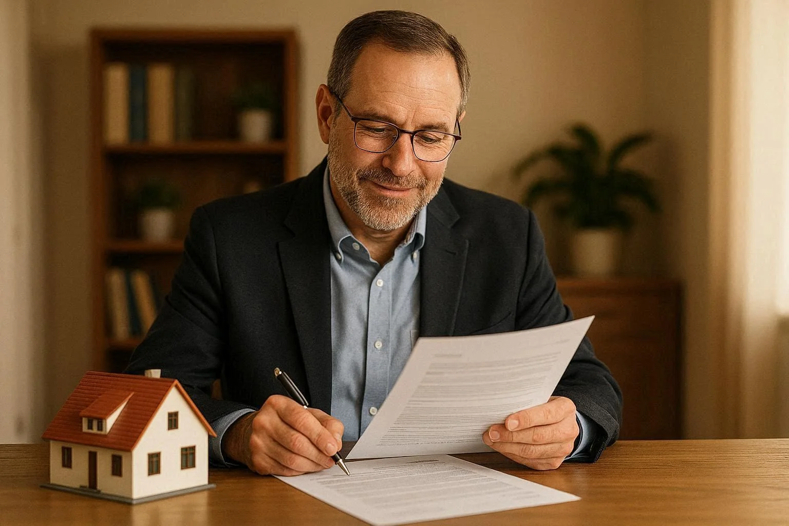 Landlord reviewing property management guides at a desk