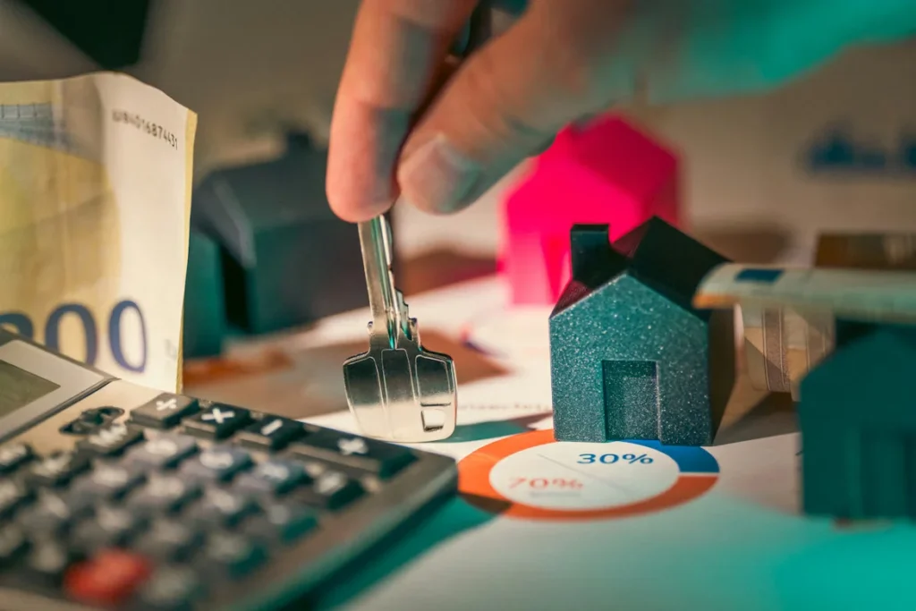 Hand holding a rental property key surrounded by house models, cash and a calculator on a desk