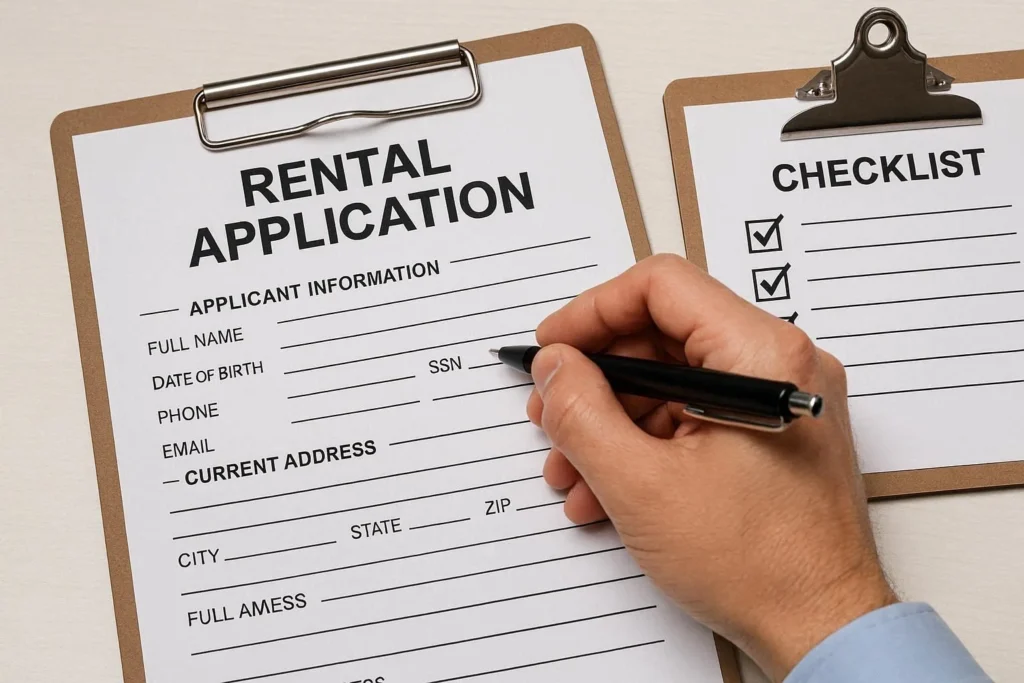 Landlord reviewing a tenant rental application with a checklist