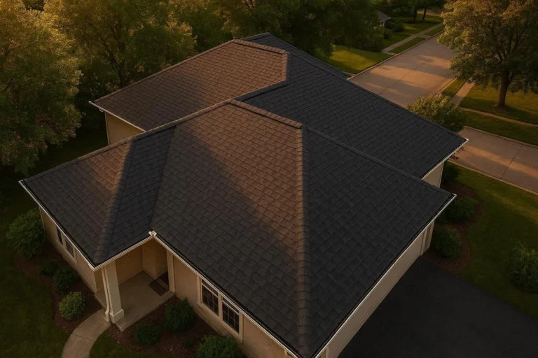Aerial drone shot of well-maintained home with dark grey shingle roof