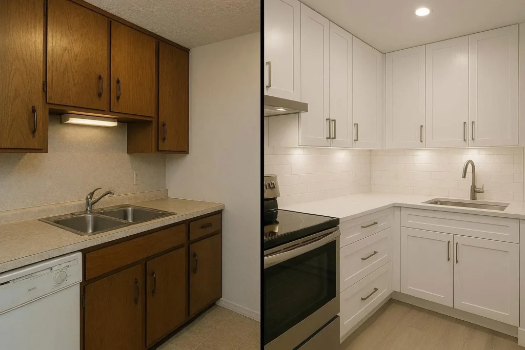 Kitchen renovation before and after showing property value improvement strategy