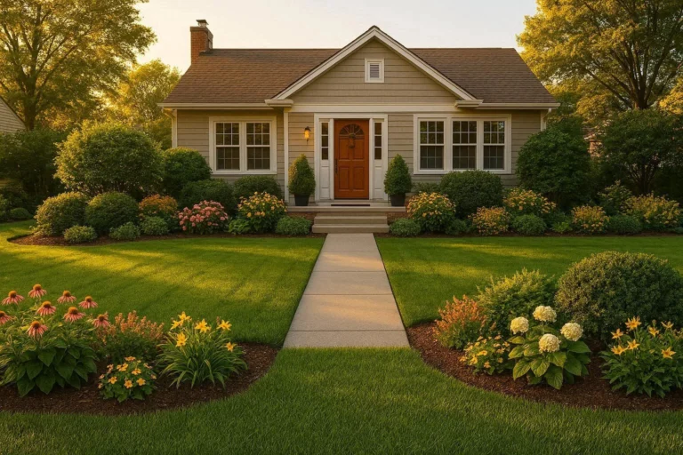 AppcYard garden guide by ActivePropertyCare showing a well-maintained residential front yard with green lawn and blooming garden beds