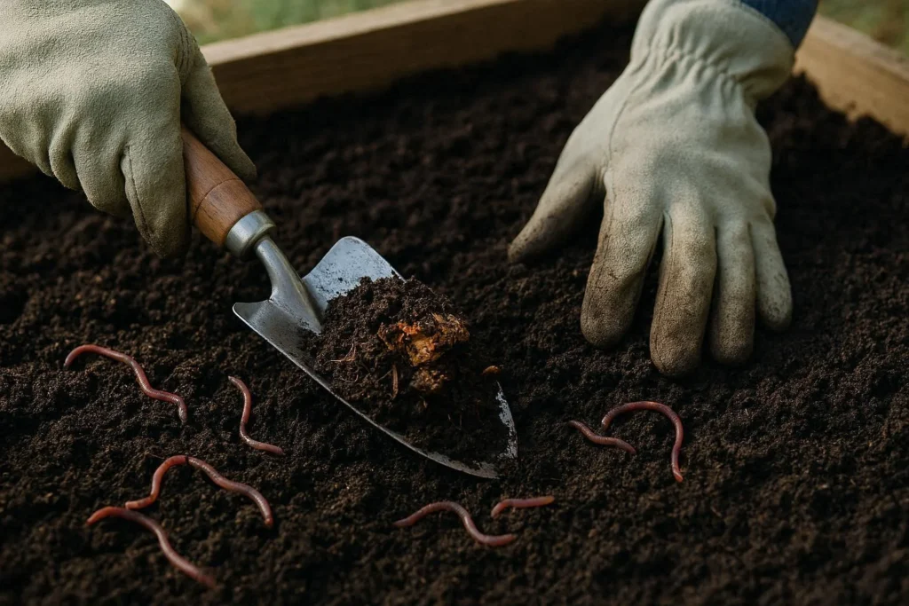 Gardener preparing soil in a raised garden bed following the AppcYard garden maintenance guide by ActivePropertyCare