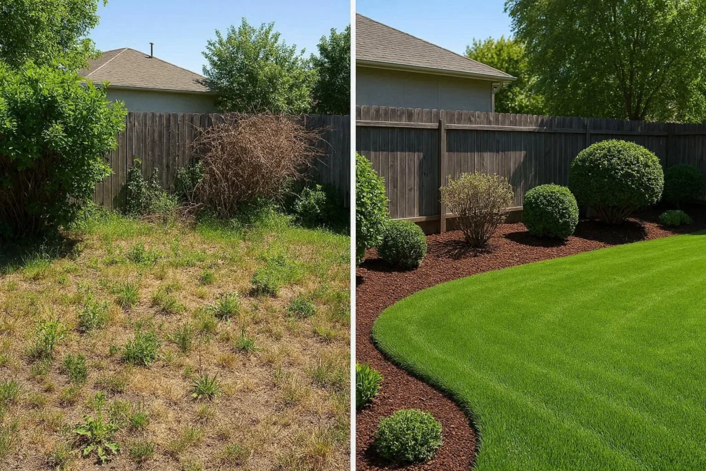 Before and after yard improvement results following the AppcYard outdoor property care guide by ActivePropertyCare