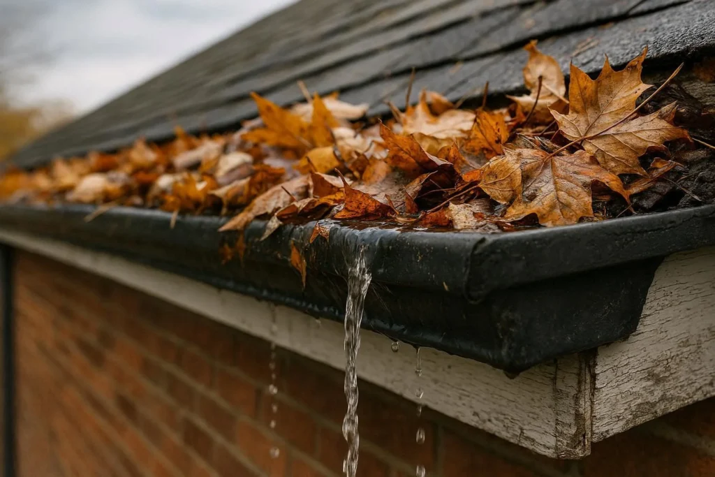 Close-up of clogged gutters filled with autumn leaves on brick house