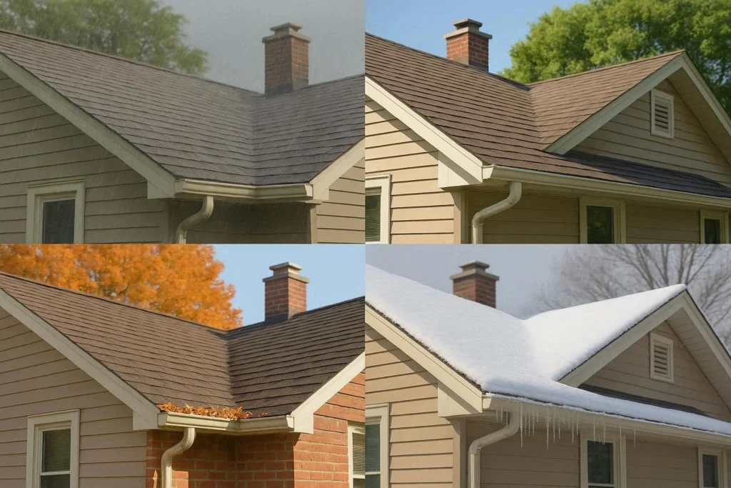 Four-panel collage showing residential roof across spring summer autumn winter