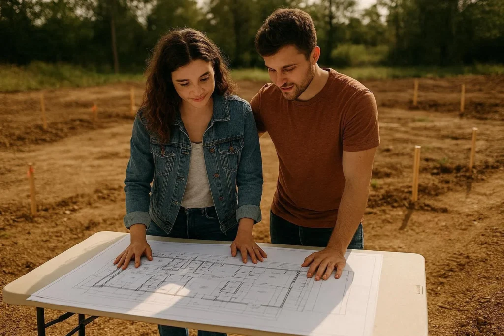Couple reviewing home blueprints during the planning stage of a new home build