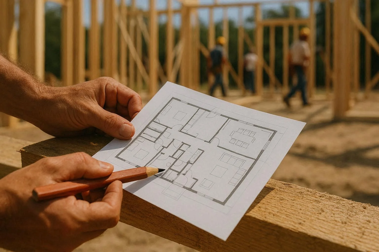 Close-up of hands holding a house blueprint and pencil on a wood beam at a construction site, symbolizing the planning phase of home building.