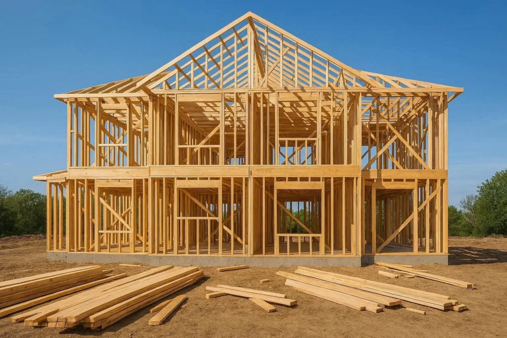 Residential home framing stage showing wood structure before drywall and insulation