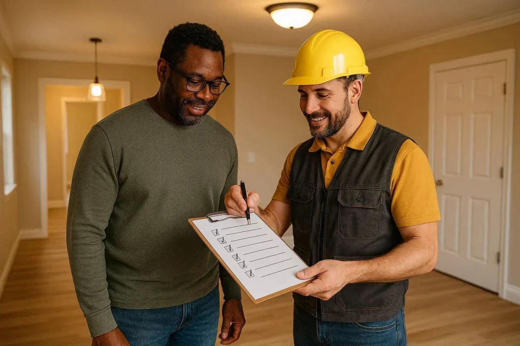 Homeowner and contractor reviewing final walkthrough punch list before move-in