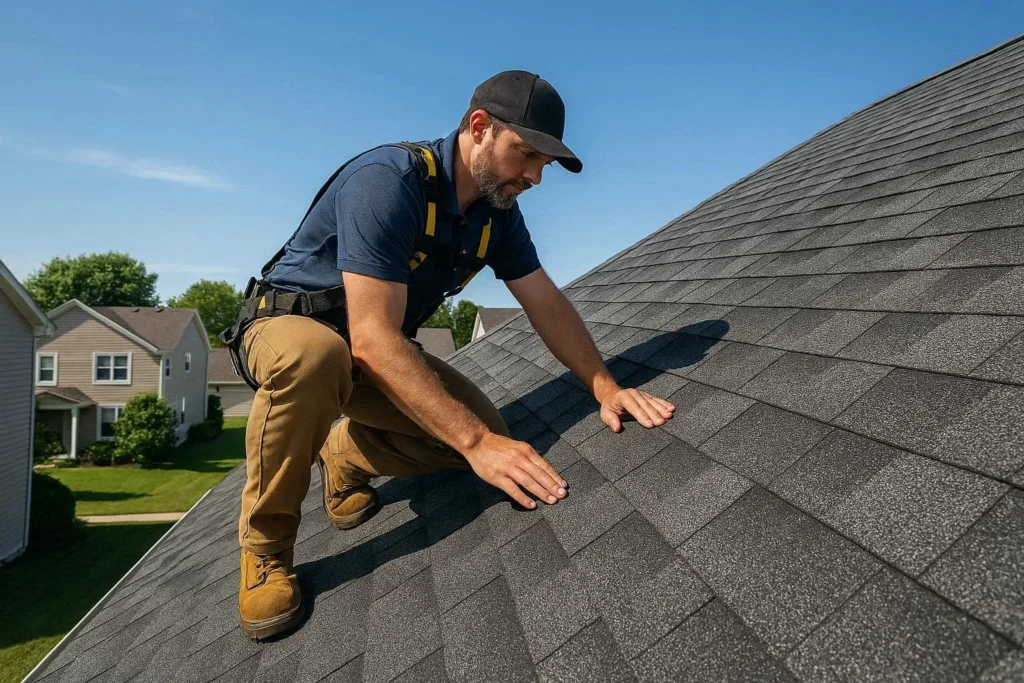 Professional roofer inspecting shingles on residential rooftop on sunny day