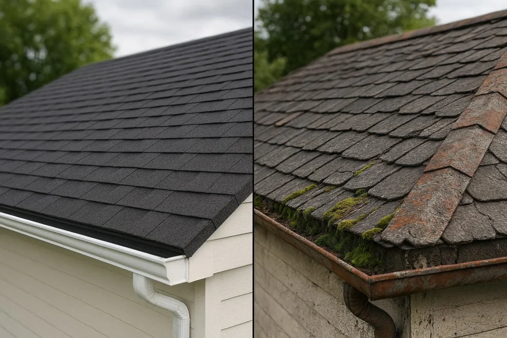 Split image comparing well-maintained roof versus neglected roof with moss