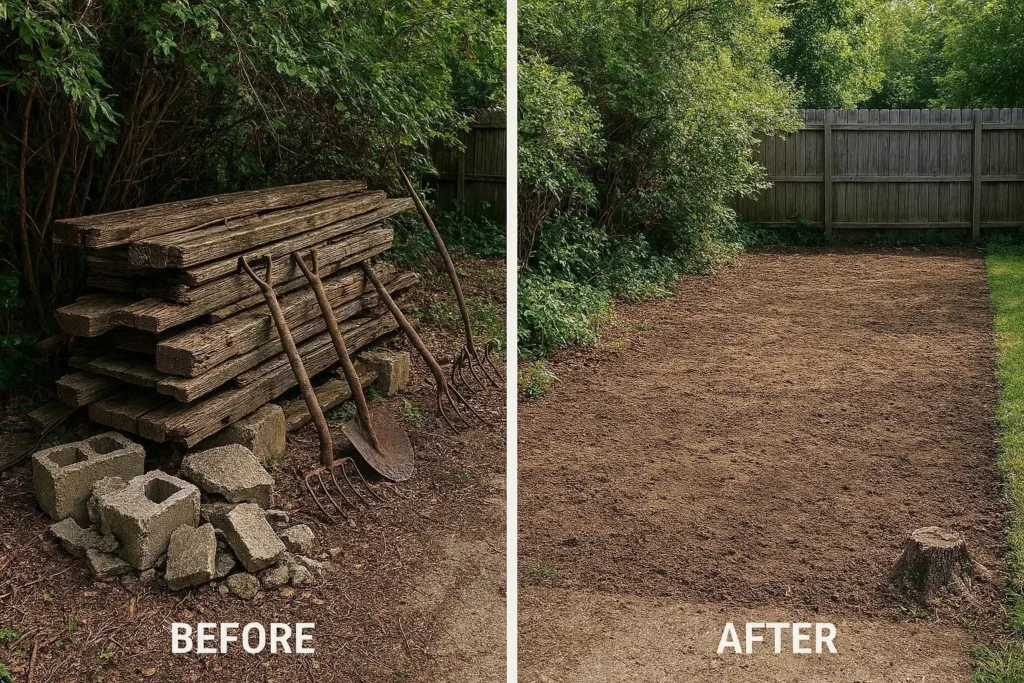 Cluttered backyard with debris and junk next to a cleared outdoor space ready for renovation