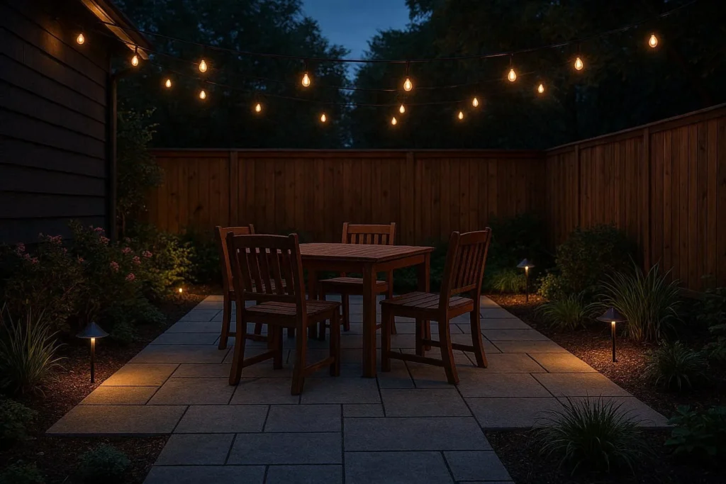 Backyard patio with lighting and seating ideas from the ActivePropertyCare outdoor design guide