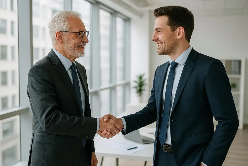 Two business owners shaking hands during a trade service business ownership transition meeting