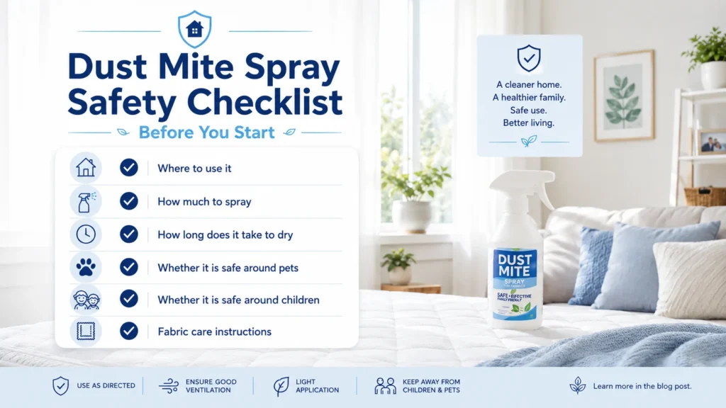 An infographic titled Dust Mite Spray Safety Checklist showing points like where to use it and pet safety.