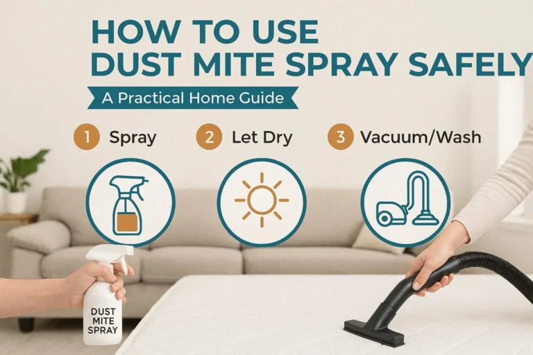 A practical home guide showing the three-step process for using dust mite spray: spray, let dry, and vacuum or wash.