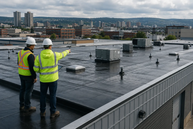 commercial roofing inspection on industrial building in Hamilton