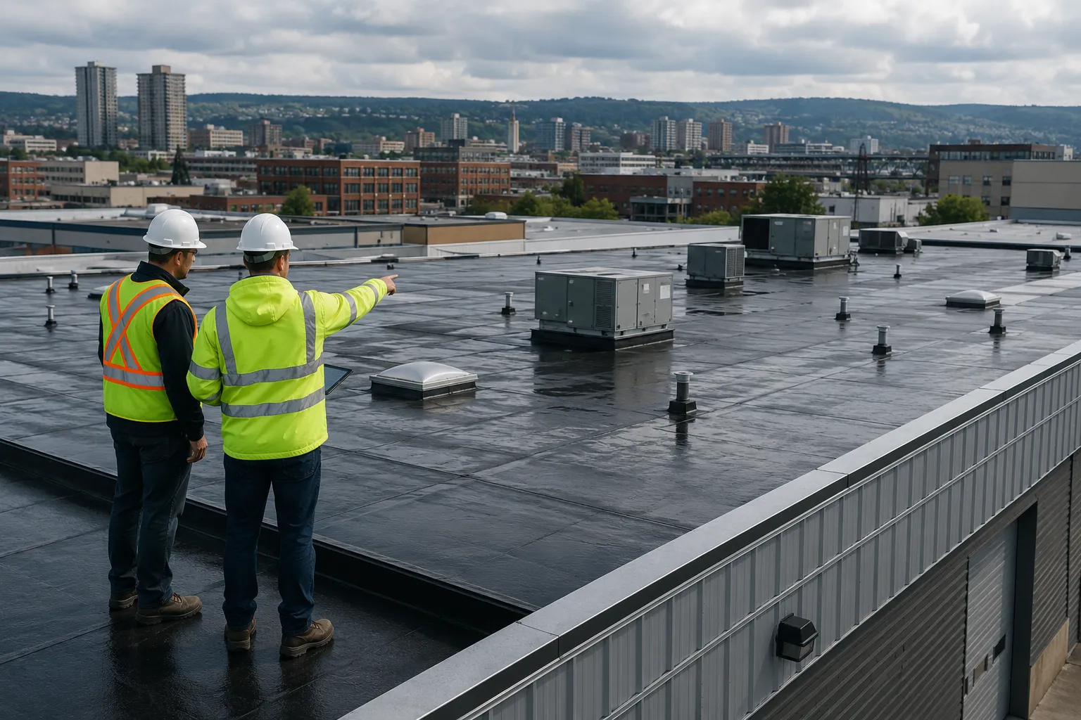 commercial roofing inspection on industrial building in Hamilton
