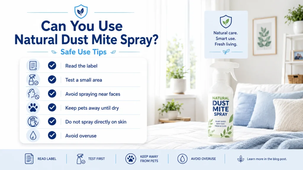 A guide on how to safely use natural dust mite spray, featuring plant-based cleaning tips for the home.