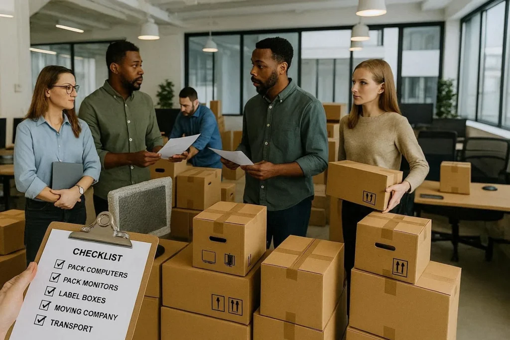 A team of professionals coordinating an office relocation by organizing equipment, boxes, and furniture in a modern workspace