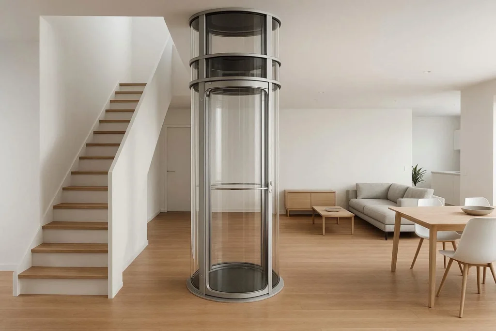 Compact pneumatic vacuum elevator installed in a contemporary residential home saving floor space