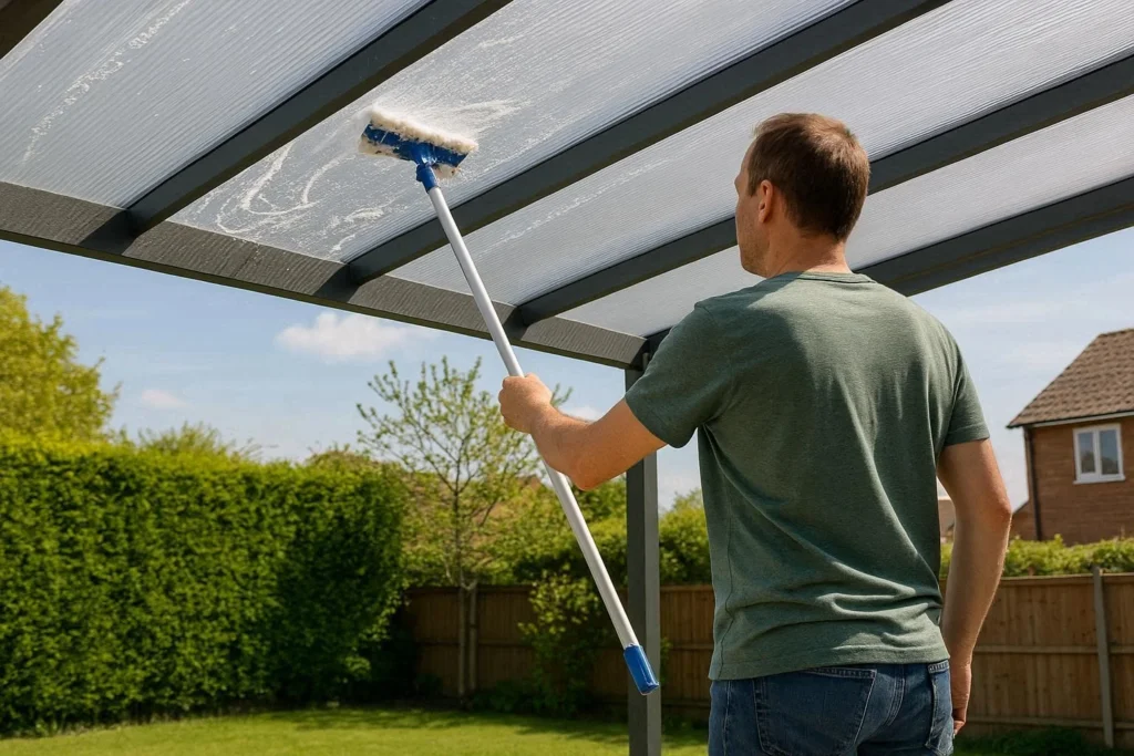 Homeowner cleaning polycarbonate patio roof panels with soapy water as part of routine annual maintenance