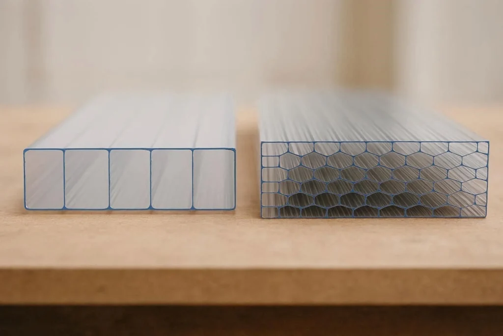 Close-up of twin-wall and multi-wall polycarbonate roofing panels showing internal air channels for thermal insulation