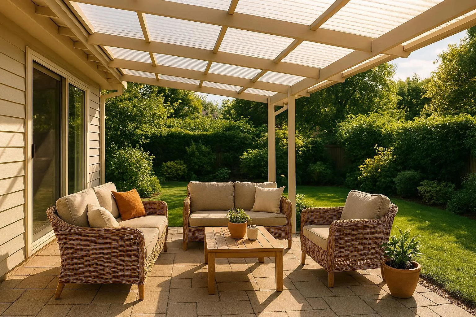 Modern patio with polycarbonate roof panels allowing natural light through, showcasing a bright outdoor living space