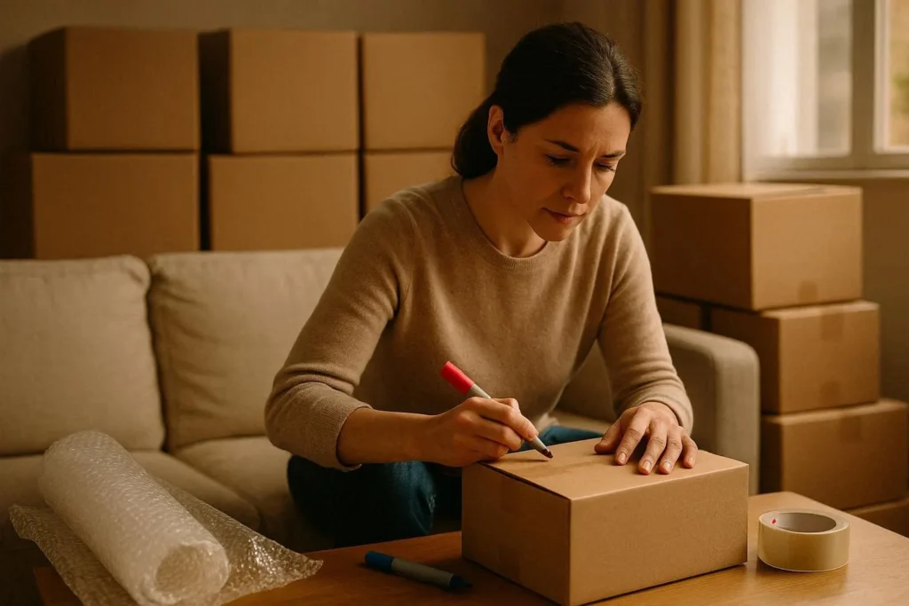 Professional mover using a color-coded labeling system on moving boxes to organize a household relocation efficiently