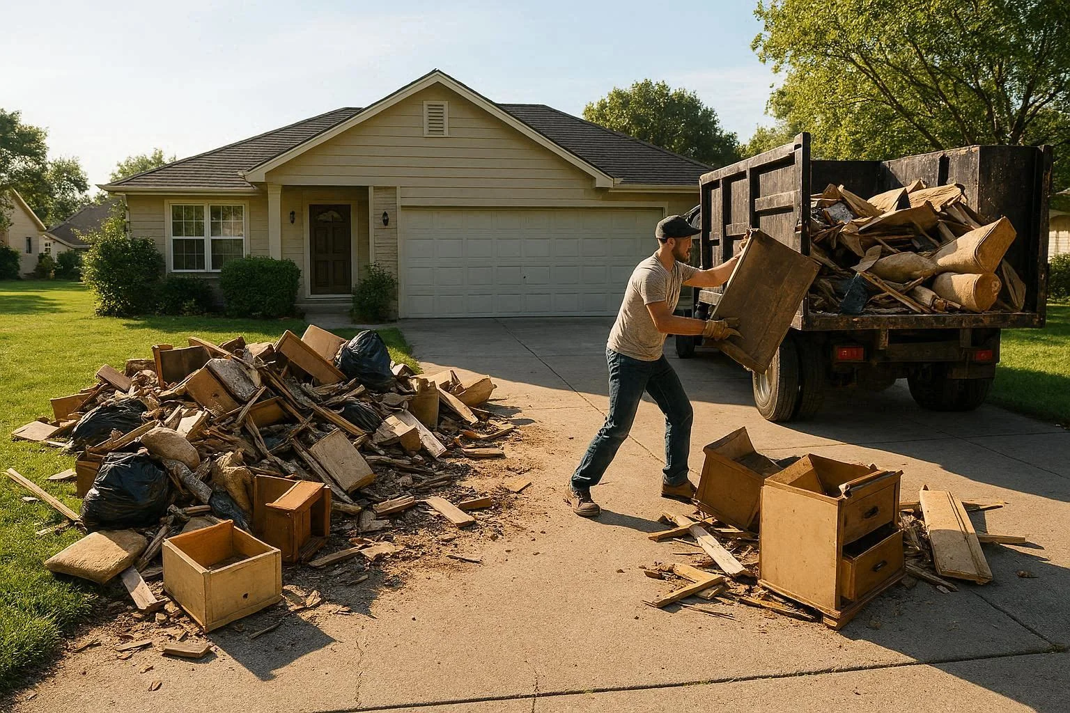 Professional junk removal worker clearing debris from a residential property during a home cleanup project