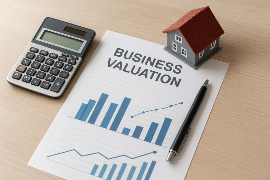 Business valuation report and calculator on a desk representing trade service company appraisal