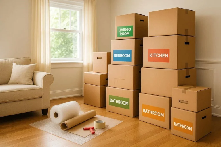 A neatly organized moving setup with labeled boxes, packing tape, and household items ready for a stress-free property transition