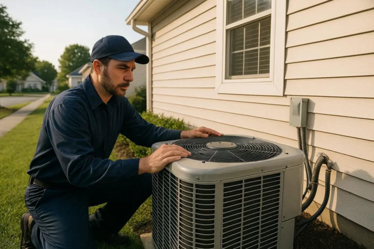 HVAC technician servicing outdoor unit at a well-maintained residential property