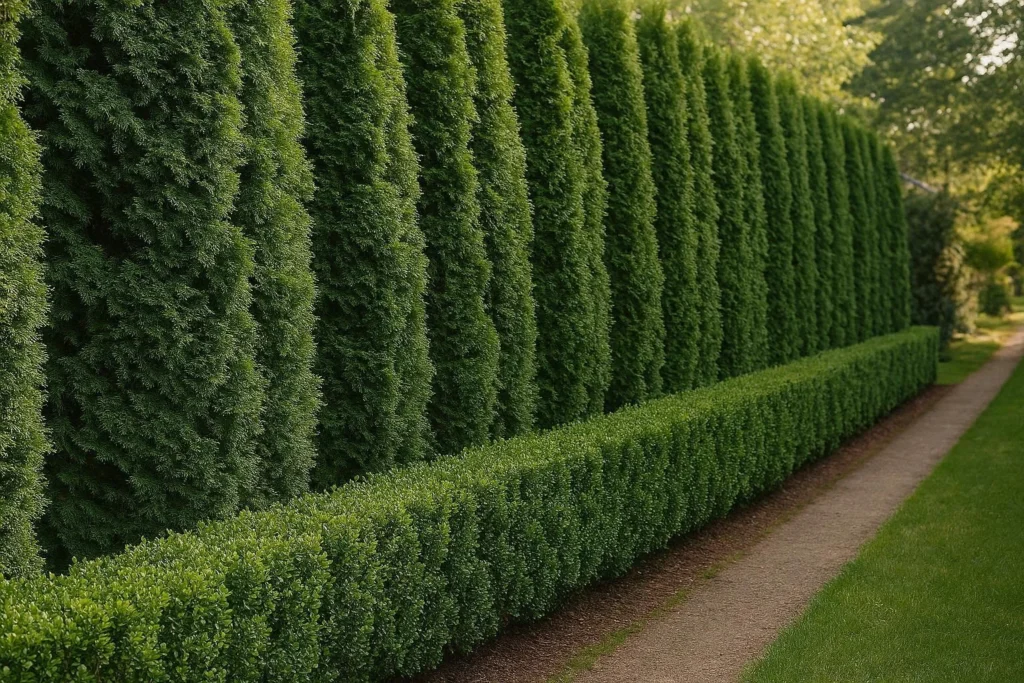Dense arborvitae and boxwood living fence along a residential property boundary with a garden path