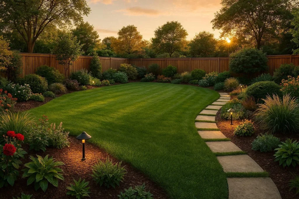 Well-landscaped backyard with lawn, fencing, and outdoor lighting for curb appeal