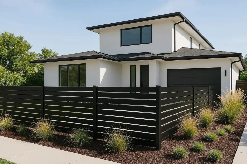  Black aluminum fence along the front yard of a modern home with ornamental grasses and garden beds