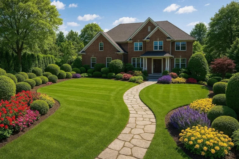 eautifully landscaped residential front yard with healthy green lawn and trimmed hedges