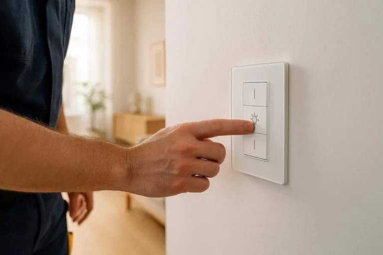 Electrician adjusting a smart light switch panel in a modern home interior