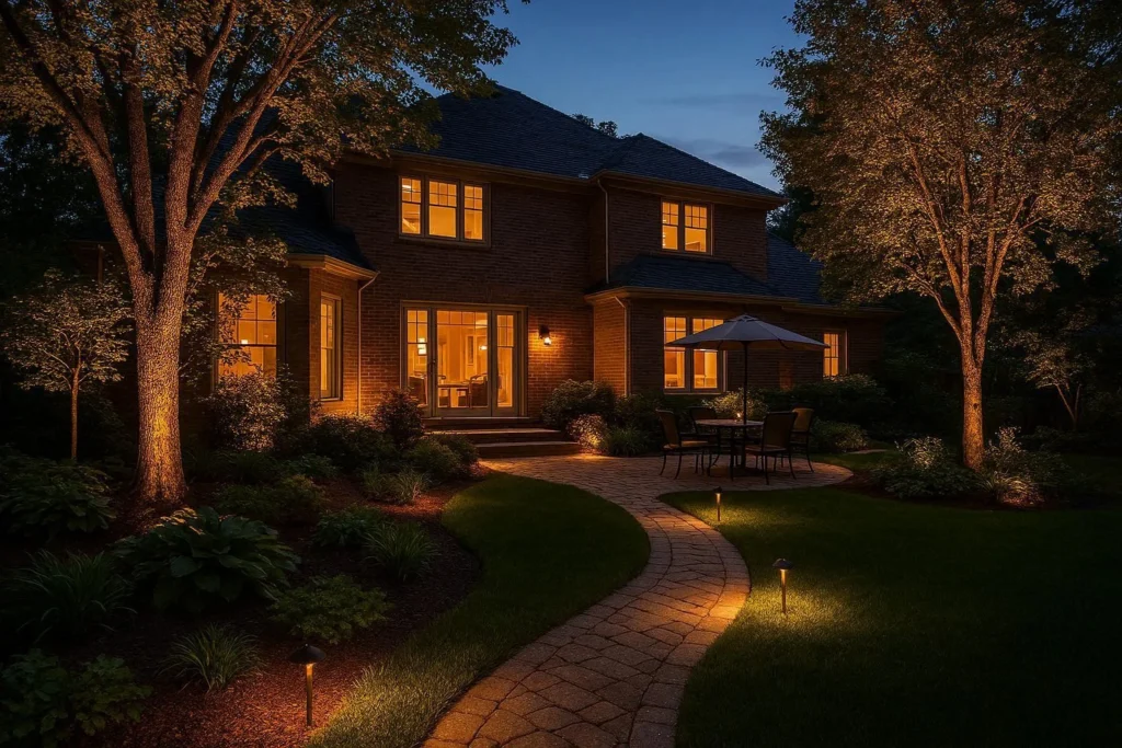 Warm LED landscape lighting along backyard garden pathway and patio at dusk