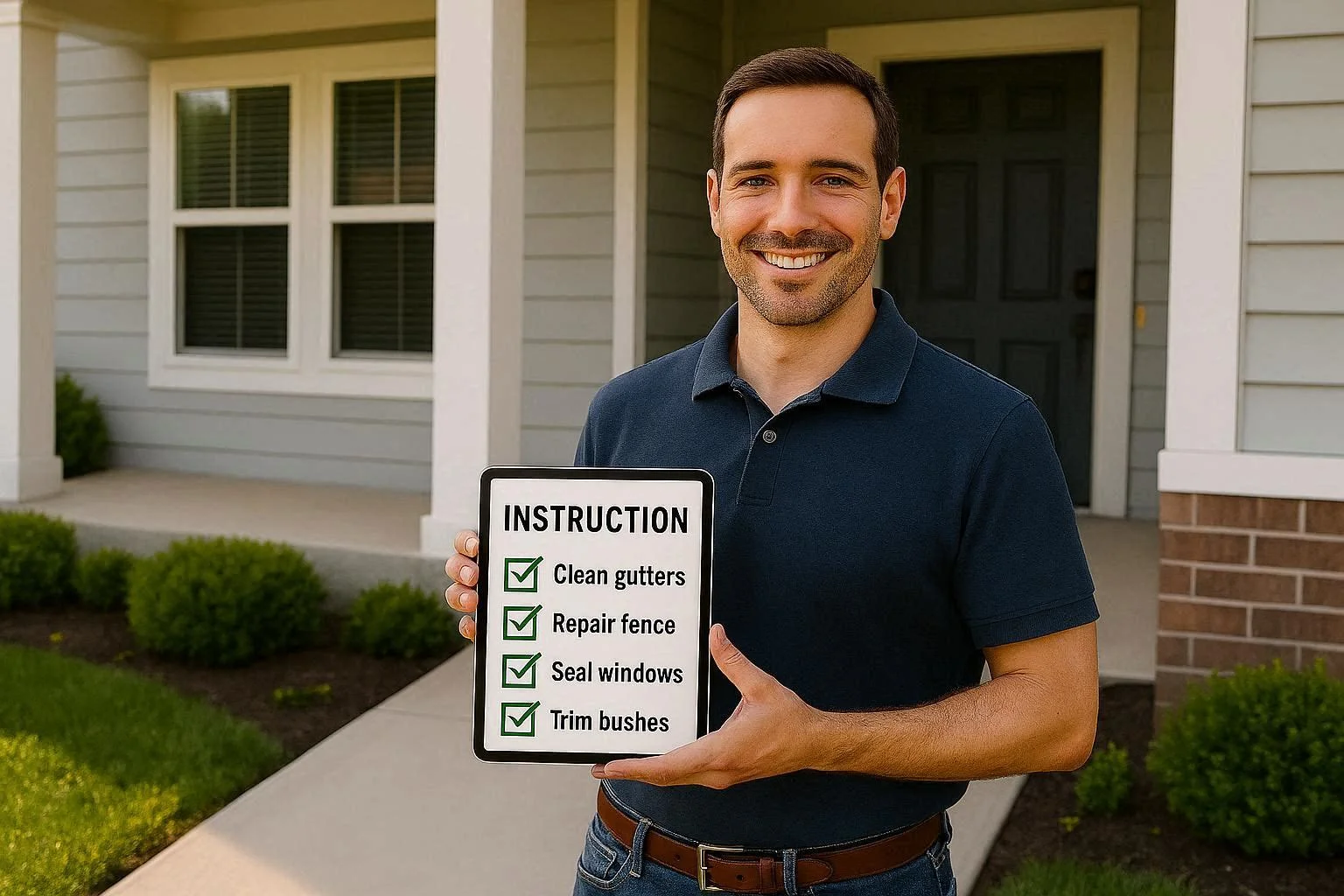 Homeowner reviewing a property maintenance checklist on a tablet in front of a well-kept house
