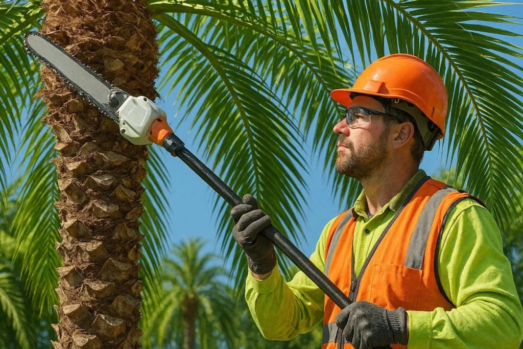 Professional landscaper trimming palm tree fronds for safety and appearance