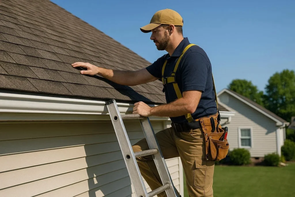 Professional inspecting a residential roof for seasonal maintenance