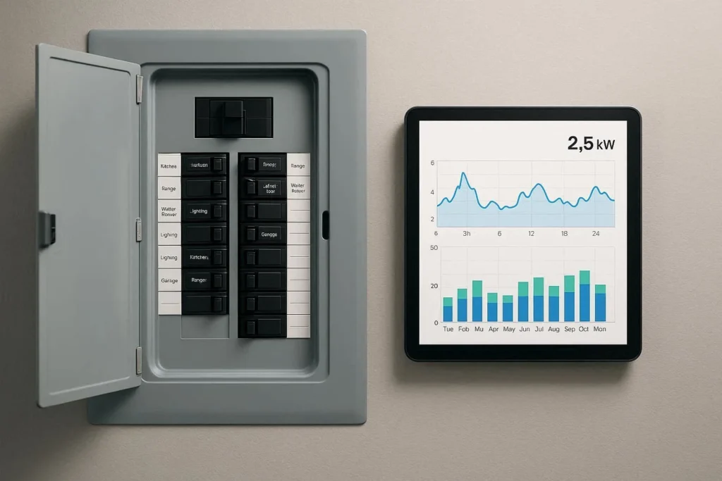 Modern home electrical panel with labeled circuit breakers and a smart energy monitor display