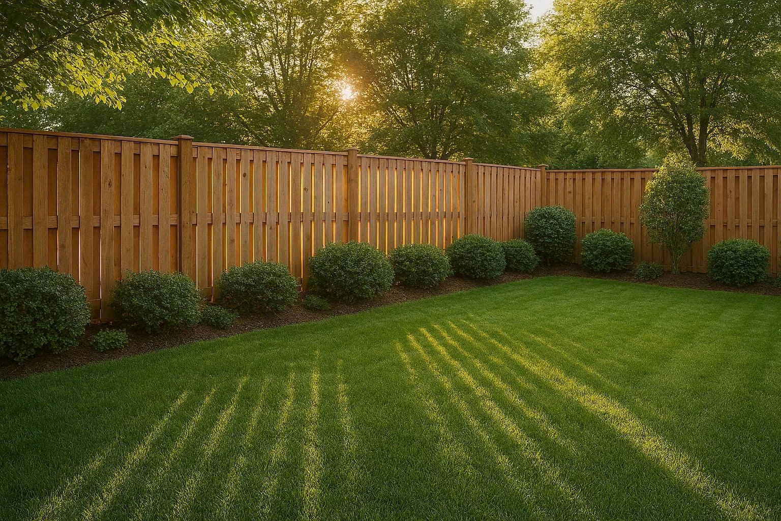 Wooden privacy fence in a well-maintained suburban backyard with green lawn and trimmed shrubs
