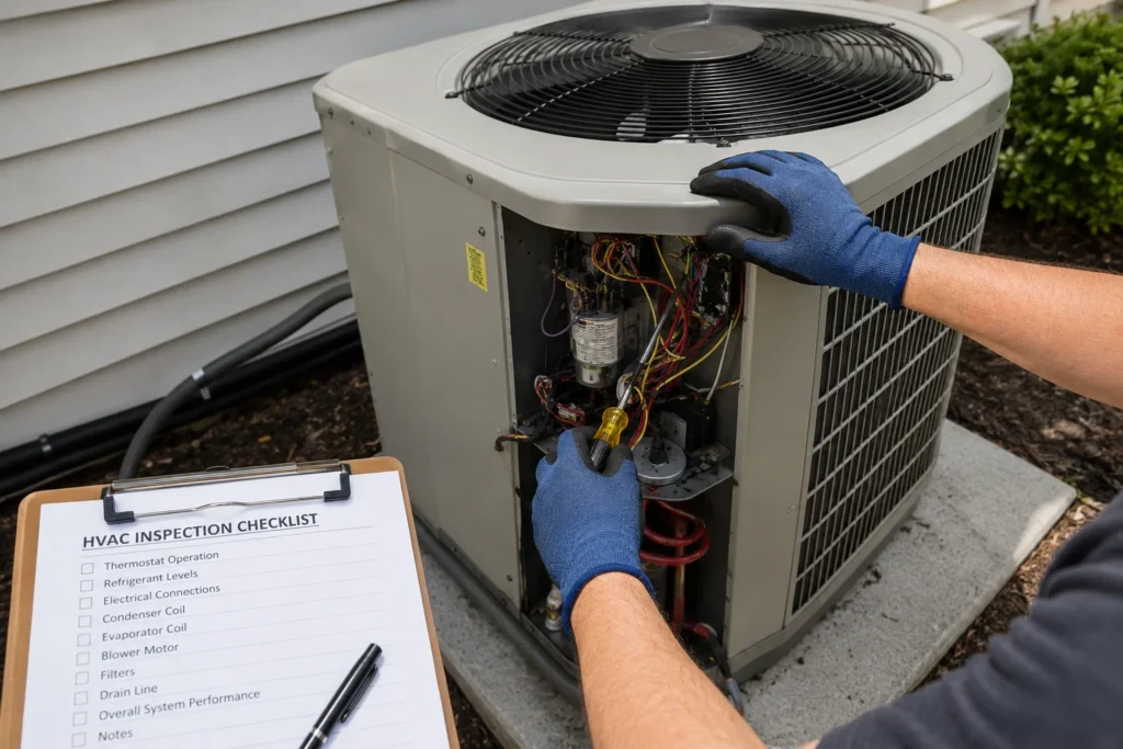 echnician performing a preventive HVAC maintenance check to reduce long-term repair costs