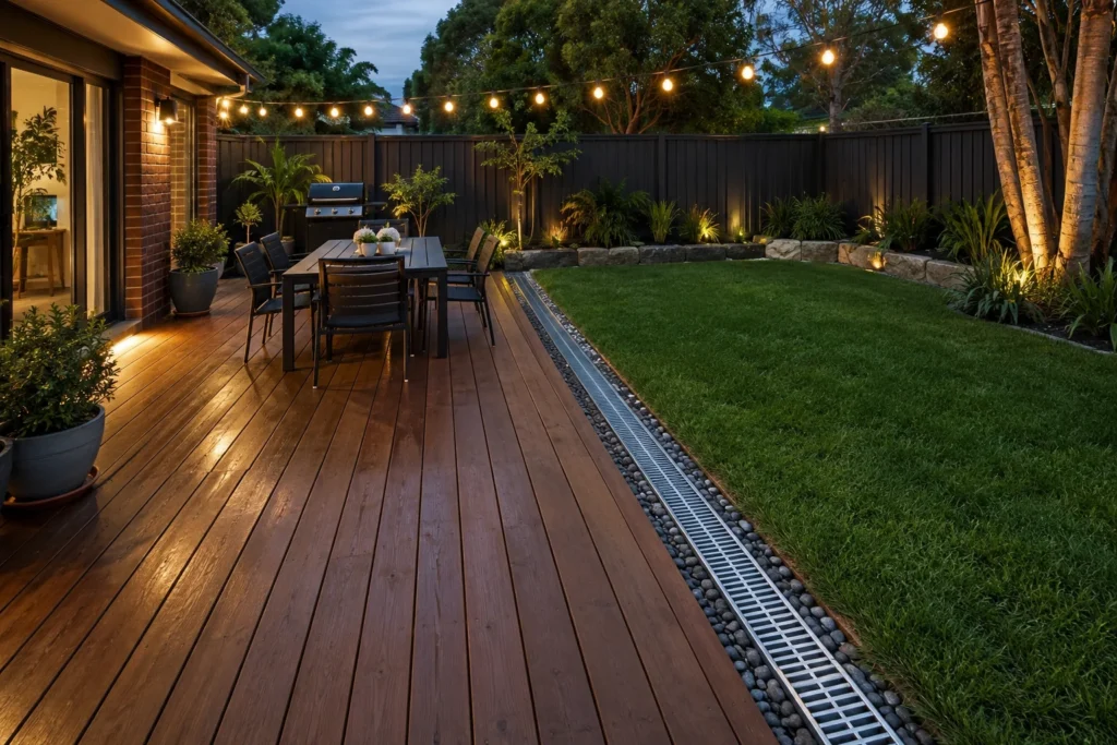 Backyard patio and lawn with proper drainage and outdoor improvements protecting property value
