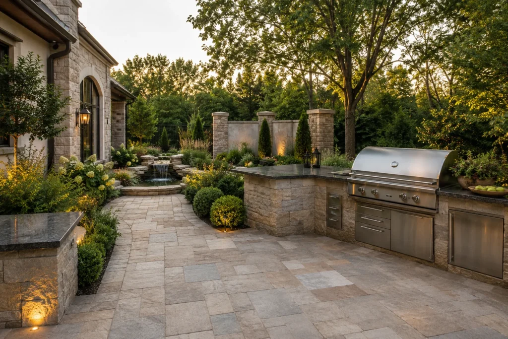 Luxury villa courtyard with outdoor kitchen, stone pavers, and landscape lighting showing premium outdoor living design
