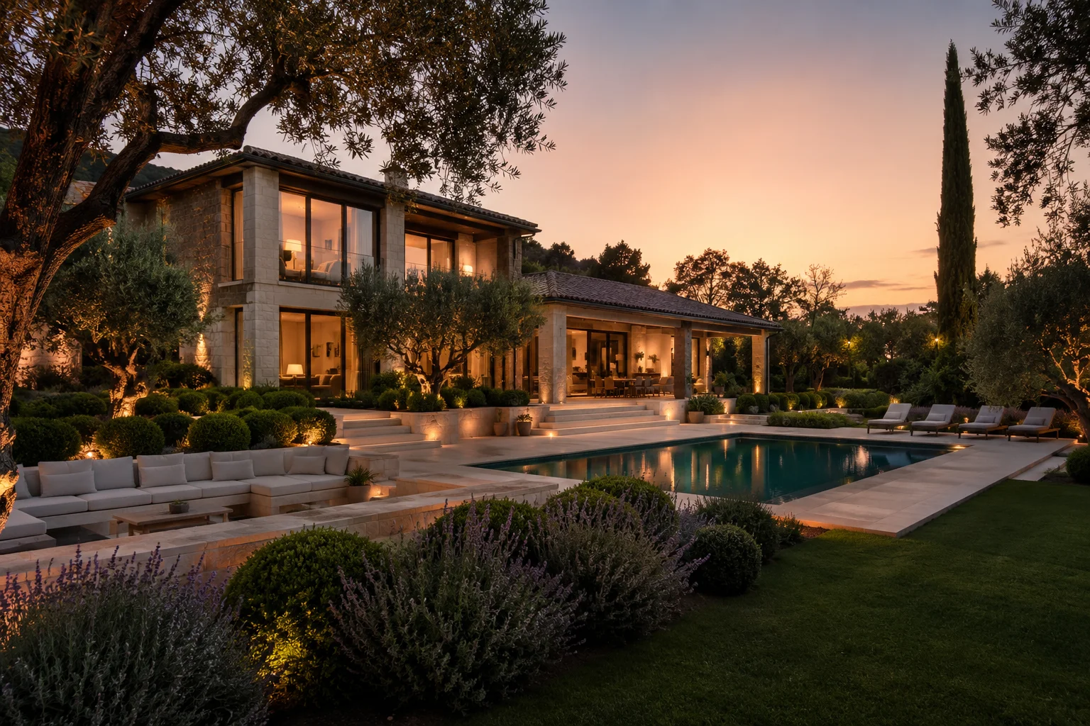 Well-maintained luxury estate exterior with stone facade, landscaped garden, and pool at sunset, illustrating luxury property maintenance best practices