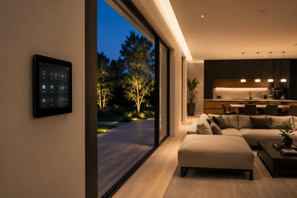 Smart home automation control panel in a luxury residence, illustrating technology integration for estate management